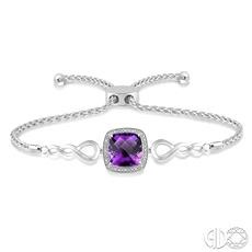 Sterling Silver Lariat Bracelet With One 10.00mm Cushion Cut Amethyst And 16=0.06Tw Round Diamonds
