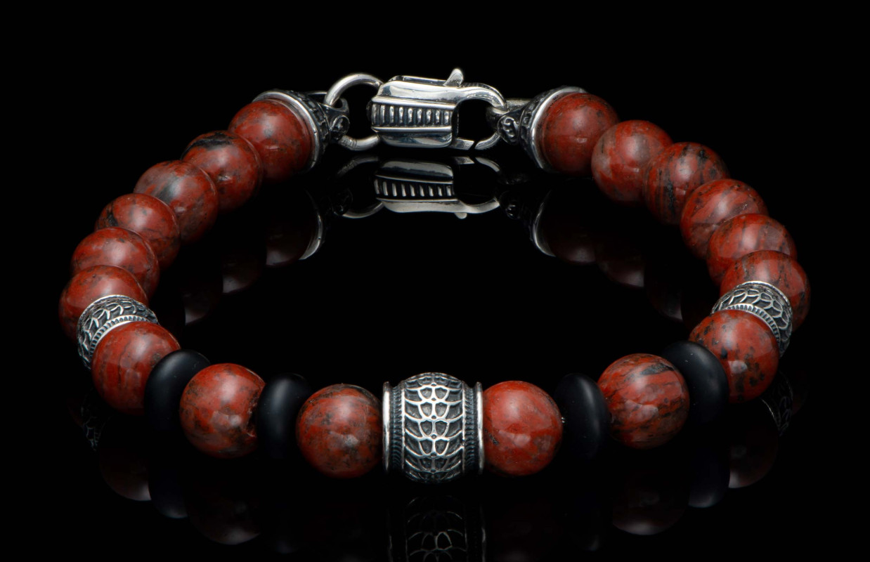 William Henry Newport Sterling Silver Beads, Red Sesame Jasper With Matte Black Onyx Spacer Beads Bracelet - large