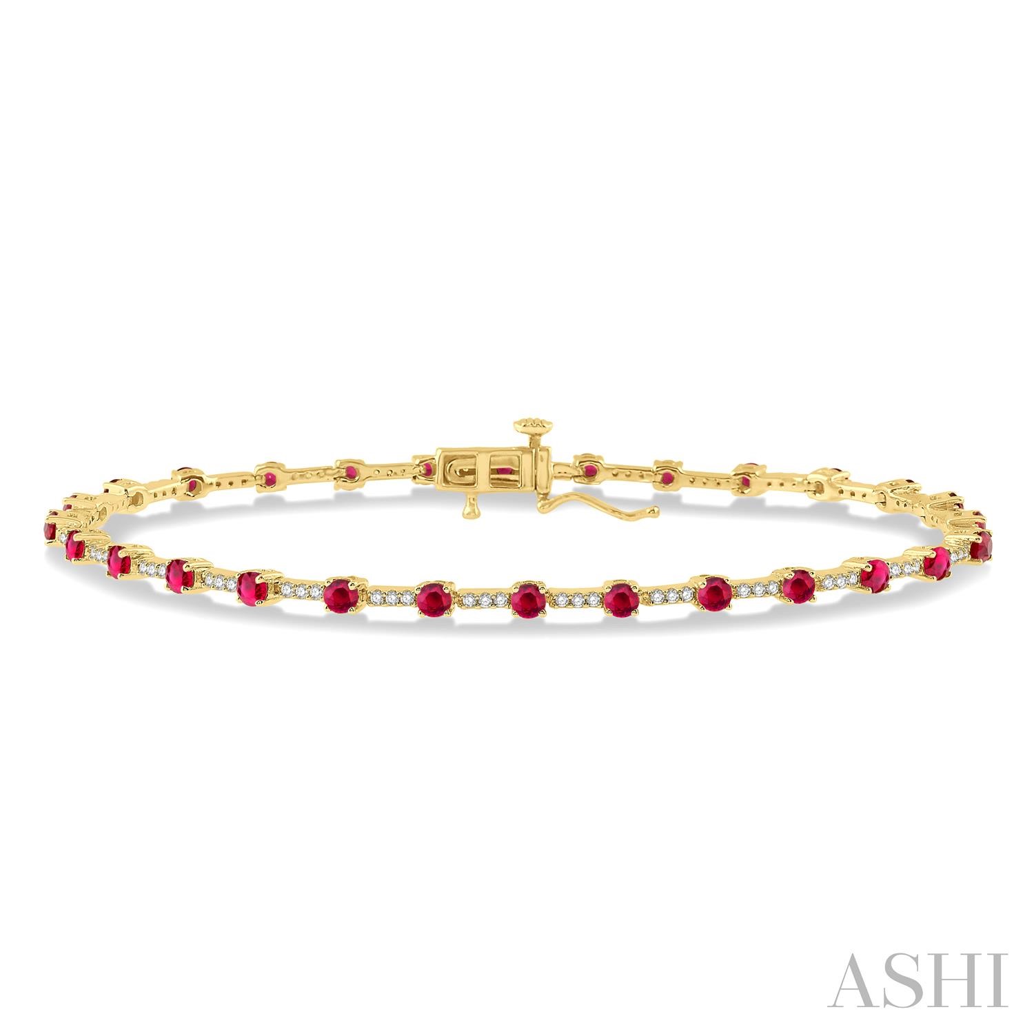 10 Karat Yellow Gold 1/2 Ctw Round Single Cut Diamond & 2.5Mm Ruby  Bracelet