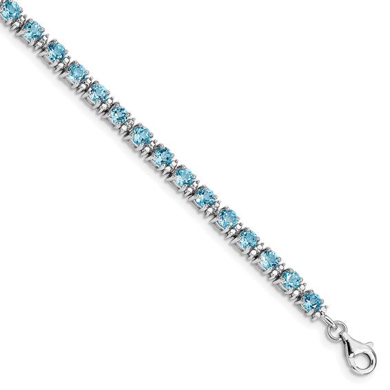 Sterling Silver Round Blue Topaz And Diamond 0.02 Ct Bracelet 7 Inch