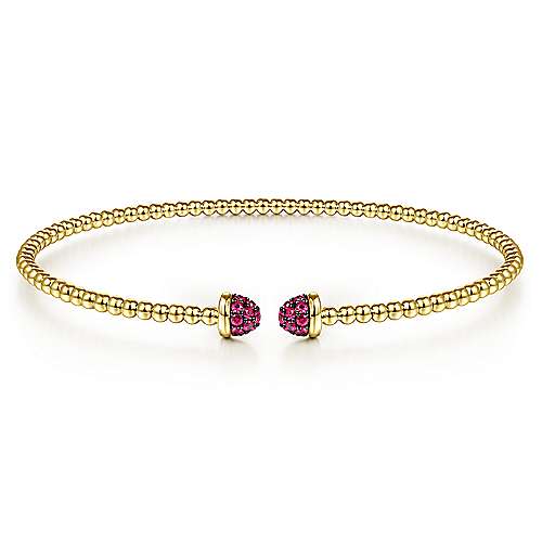 Gabriel & Co:14 KaratYellow Gold Bujukan Bead Cuff  Bracelet With Pave A Quality 20 Round Rubies  At 0.25Tw