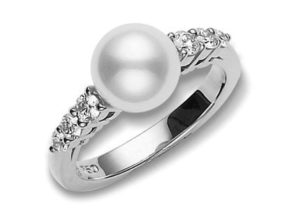 Mikimoto 18 Karat White Gold Ring With One 8.00mm Round Akoya Pearl  And 6=0.31Tw Round Diamonds