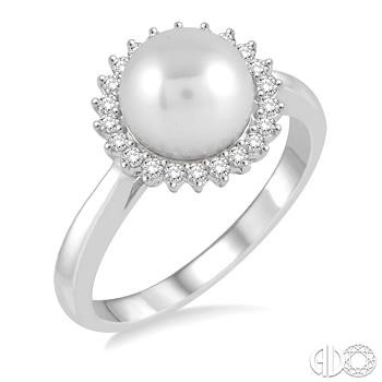 14 Karat White Gold Halo Fashion Ring With 22=0.20Tw Round H/I Si2-3 Diamonds And One 8.00mm Round Pearl