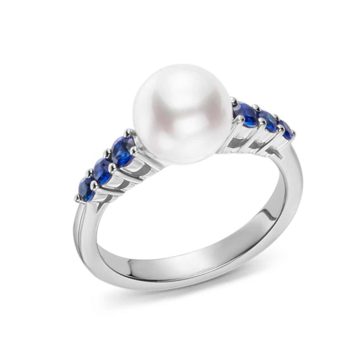 Mikimoto White18k Gold Ring With One 8.00mm Round  A+ Quality Pearl And 6=0.40Tw Round Sapphires