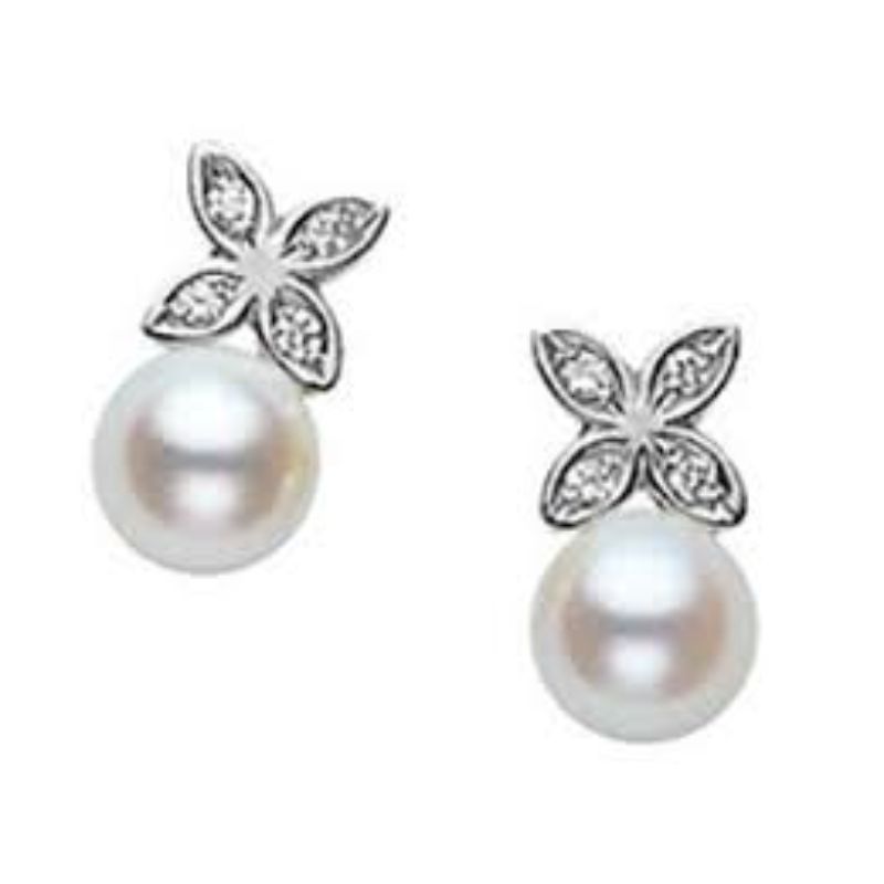 Mikimoto18 Karat White Gold Stud Earrings With  2= 5.5mm A+ Quality Akoya Pearls And  8=.04Ct Diamonds