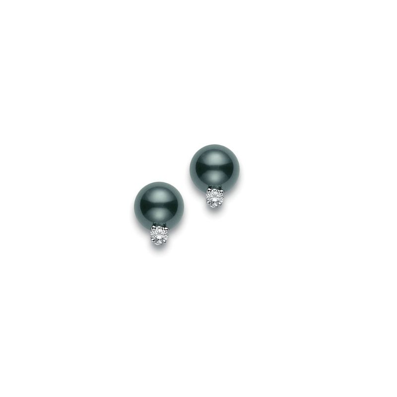 Mikimoto 18 Karat White Gold Stud Earrings With 2=0.20Tw Round Diamonds And 2=8.00mm A+ Quality Round Black South Sea Pearls