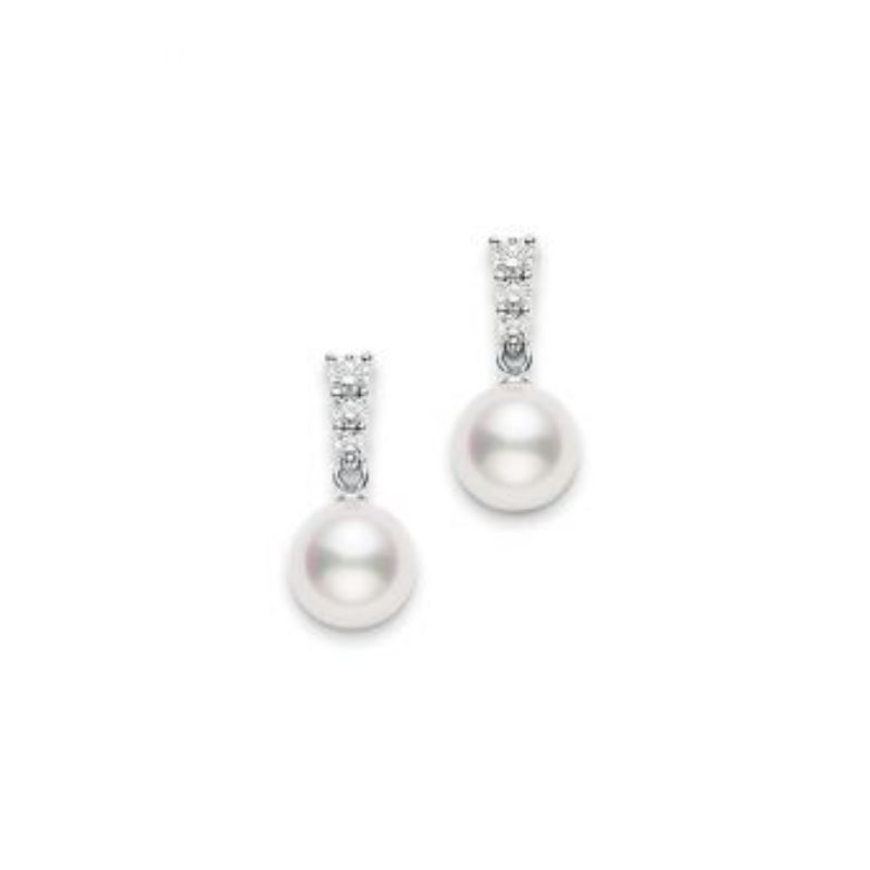 Mikimoto 18 Karat White Gold Morning Dew Earrings 7.5 Mm Akoya Pearl And Diamond Earrings 0.26 Ct