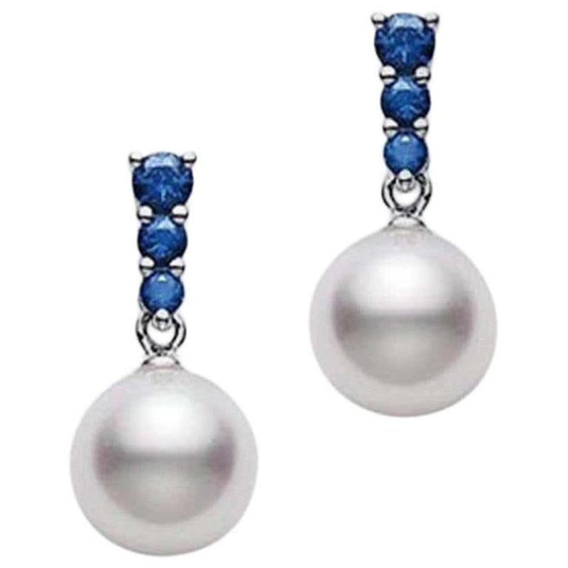 Mikimoto Morning Dew Akoya Cultured Pearl Earrings with Blue Sapphire – 18K White Gold
With 8mm Akoya cultured pearls and 0.30Ctw Sapphires