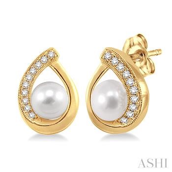 14 Karat Yellow Gold 6.0 Mm Pearl With 0.10 Ct Diamond Earrings