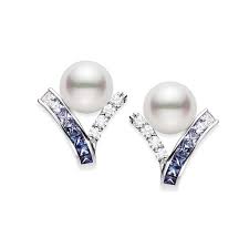 Mikimoto 18 Karat White Gold  Ocean Collection Akoya Cultured Pearl 8 Mm A + And Blue Sapphire, Diamond Earrings