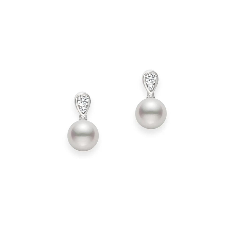 Mikimoto 18 Karat White Gold Moring Dew 7.0 Mm A + Pearl And Diamond Earrings