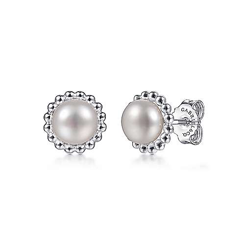 Gabriel & Co: Sterling Silver Plated Pearl with Beaded Frame Stud Earrings