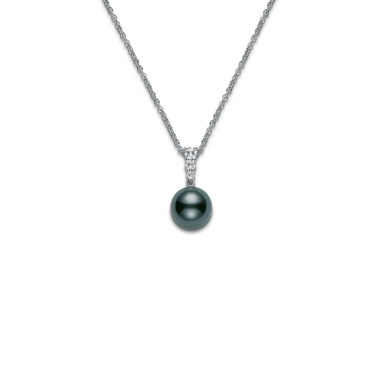 Mikimoto 18 Karat White Gold Morning Dew  Pendant With One 10.00mm A+ Quality Round Black South Sea Pearl  And 3=0.24Tw Diamonds 18 Inch Length