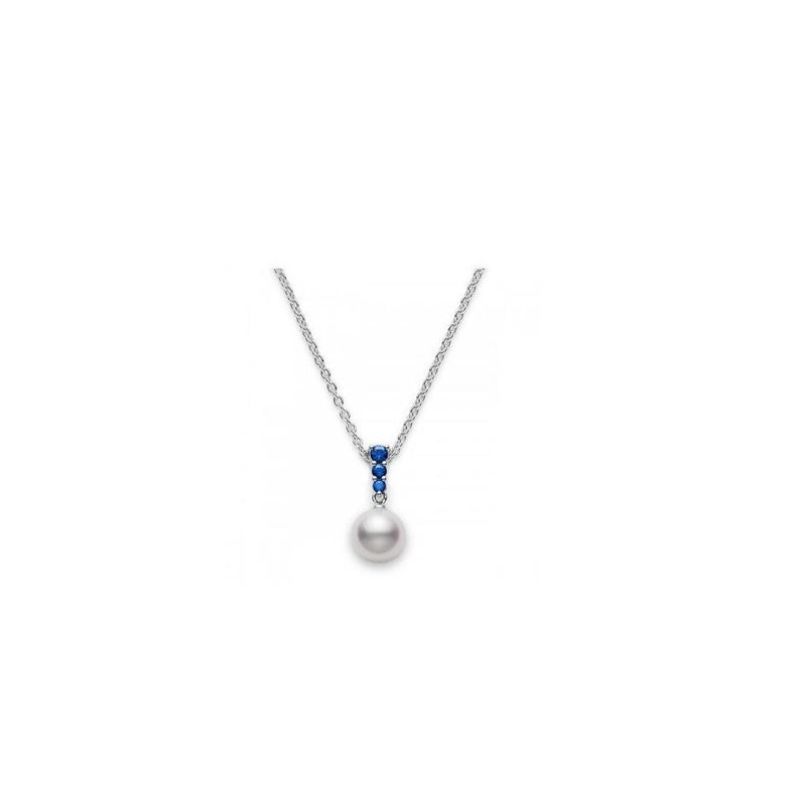 Mikimoto 18 Karat White Gold Morning Dew Pendant With 3=0.22Tw Round Sapphires And One 8.00mm A+ Round Pearl