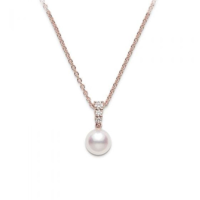 Mikimoto18 Karat Rose Gold Morning Dew Pendant With One 8.00mm Round Akoya A+ Pearl And 3=0.12Tw Round Diamonds 18