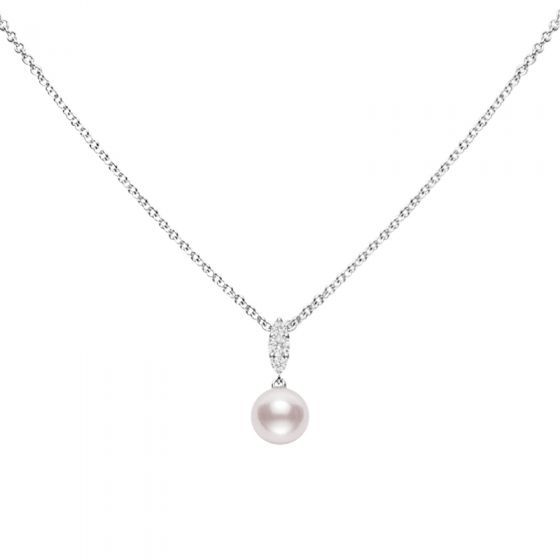 Mikimoto Morning Dew Akoya Cultured Pearl and Diamond Pendant in 18K White Gold 
With 0.09Tw Round Diamonds And 7.5mm Round Pearl  A+ Quality