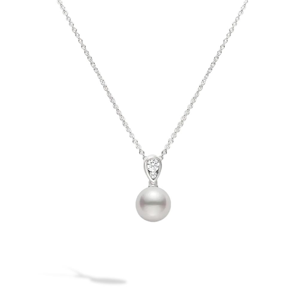 Mikimoto 18 Karat White Gold Morning Dew Pearl And Diamond Pendant And Necklace 18 inch