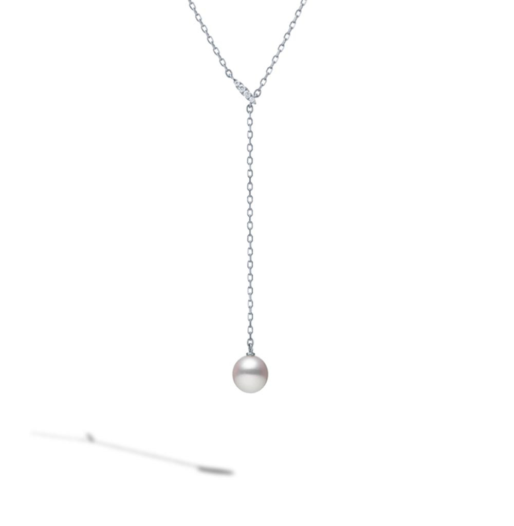 Mikimoto 18 Karat White Gold 7.5 mm Pearl And 0.08 ct Diamond Y Necklace 20/17.5 inch