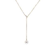 Mikimoto 18K Yellow Gold 7.5mm Pearl And 0.08 Ct Diamond Y Necklace 
Adjustable