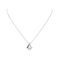 Mikimoto:White Gold 18 Karat Necklace 8.00Mm  Pearl
4=0.12Tw Round Diamonds & 10=0.48Tw Princess Sapphires