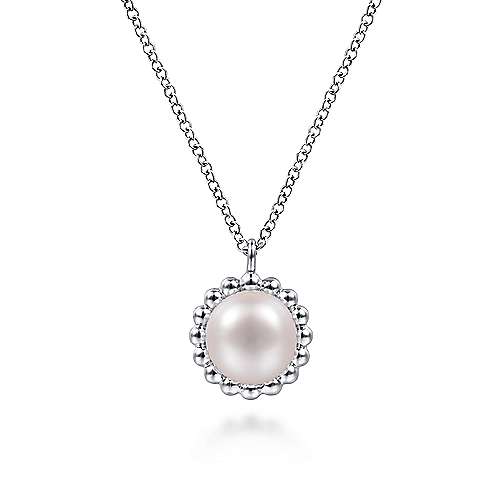 Gabriel & Co  Sterling Silver Round Pearl Pendant Necklace with Beaded Frame 17.5
