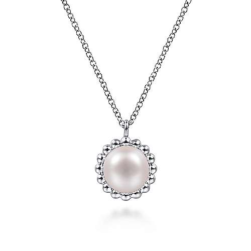 Gabriel & Co: Sterling Silver Round Pearl Pendant Necklace with Beaded Frame 17.5