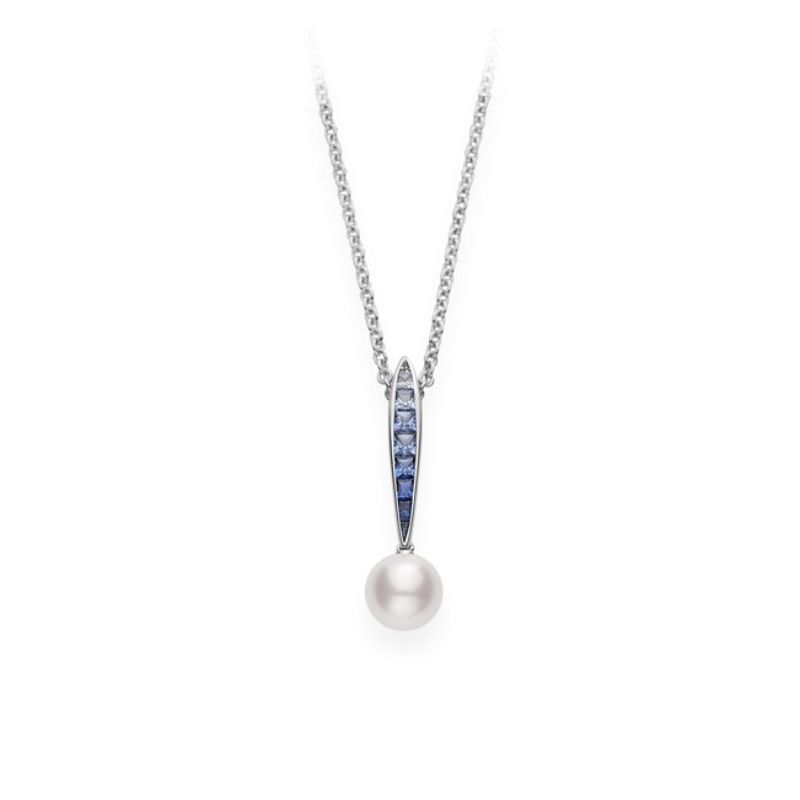 Mikimoto: 18 Karat White Gold Necklace With 9=0.56Tw Princess Blue Sapphires And One 8.00mm Round A+ Akoya Pearl on Adjustable 16