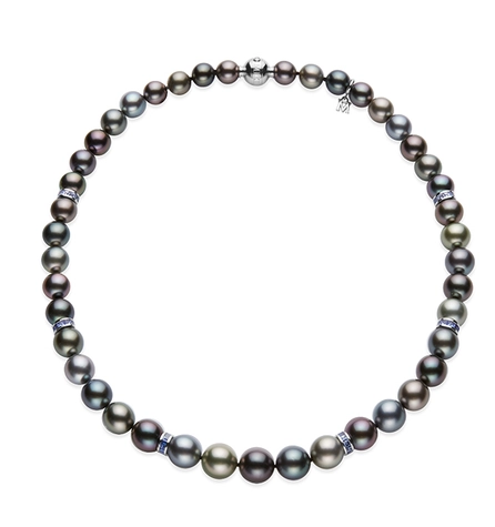 Mikimoto 18 K White Gold A+ 8.1mm To 10.9mm Black South Sea Pearl Necklace With Sapphire Rondels 17 Inch Diamond Clasp
3ct of sapphire and  0.01ct of diamond