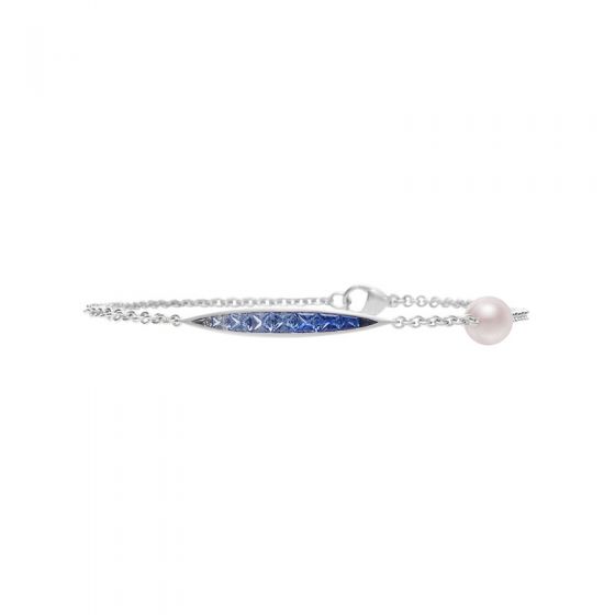 Mikimoto: 18 Karat White Gold Bracelet With 9=0.83Tw Princess Blue Sapphires And One 6.00mm Round A+ Akoya Pearl 7 Inch Length