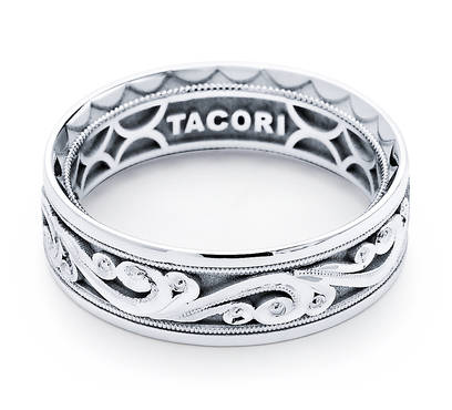 Tacori: 18 Karat White Gold 5mm Eternity Crescent Desgin Milgrain Edge Engraved Wedding Band 
Size 10.5