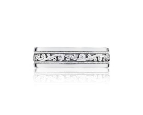 Tacori: 18 Karat White Gold 6mm Sculpted Crescent Engraved Wedding Band 
Size 10.50