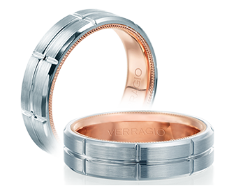 Verragio: 14 Karat White/Rose Gold 6mm Satin Engraved Wedding Band 
Size 10