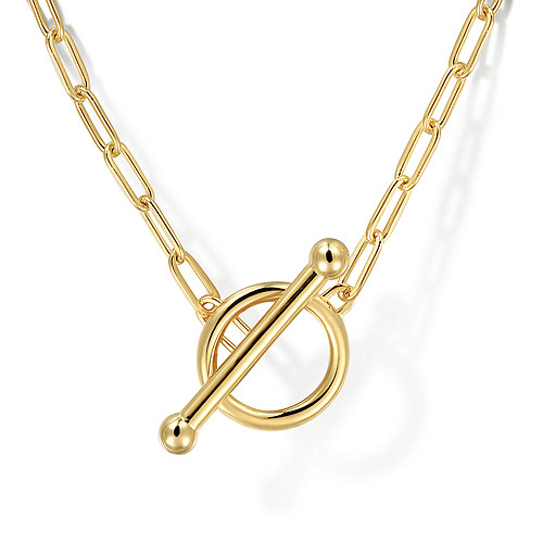 Gabriel & Co 14K Yellow Gold Hollow Paperclip Chain Toggle Necklace 17 inch