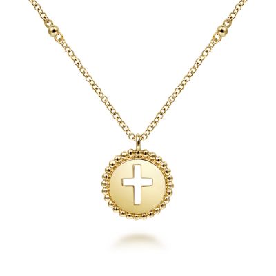 Gabriel & Co 14 Karat Yellow Gold Bujukan Cut Out Cross Pendant 17.5 Inch