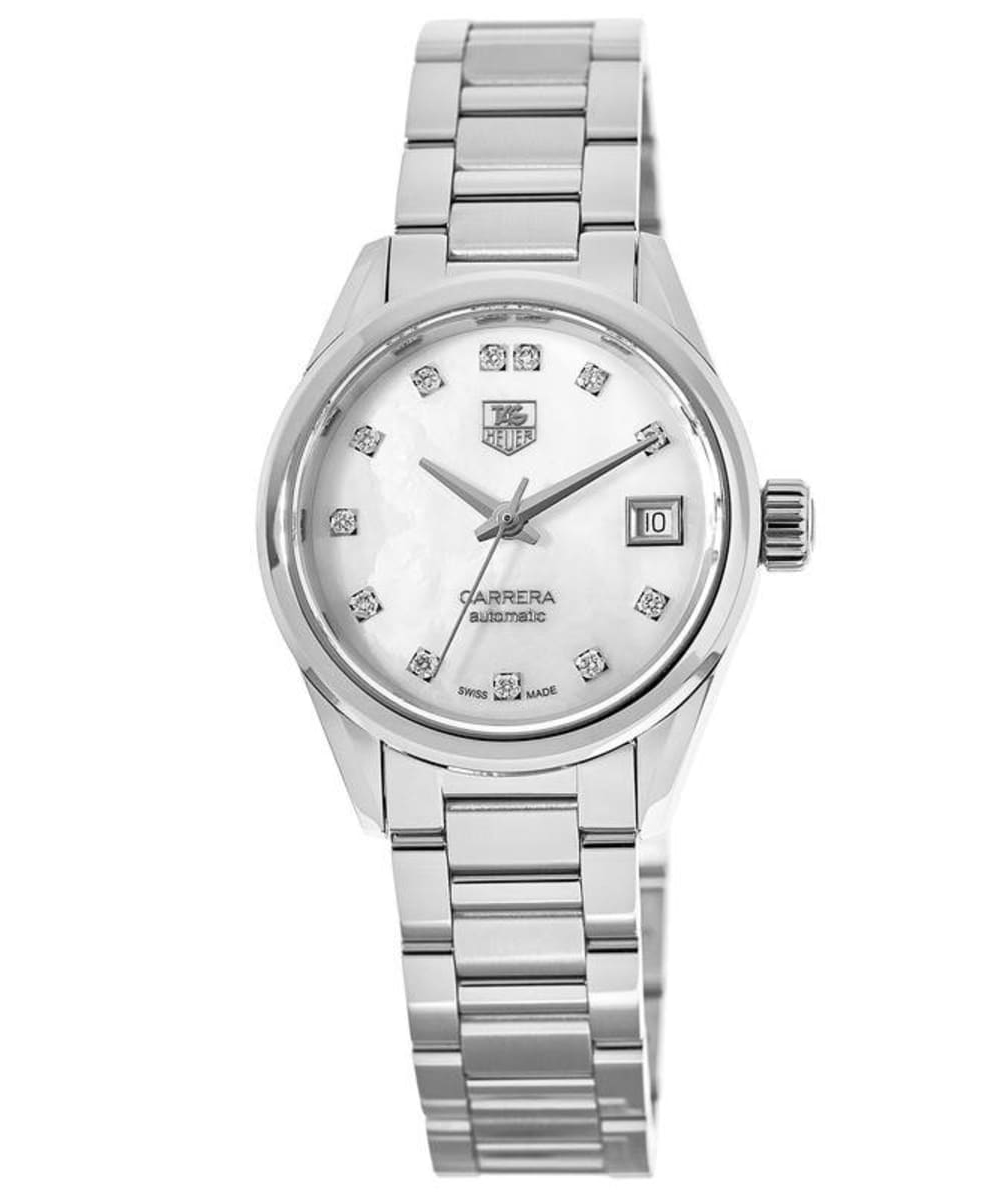 Tag Heuer: Stainless Steel 28mm Carrera Automatic Watch
Clasp: Deployment
Finish: Satin and Polish
Dial Color: Mother Of Pearl Diamond Dial
