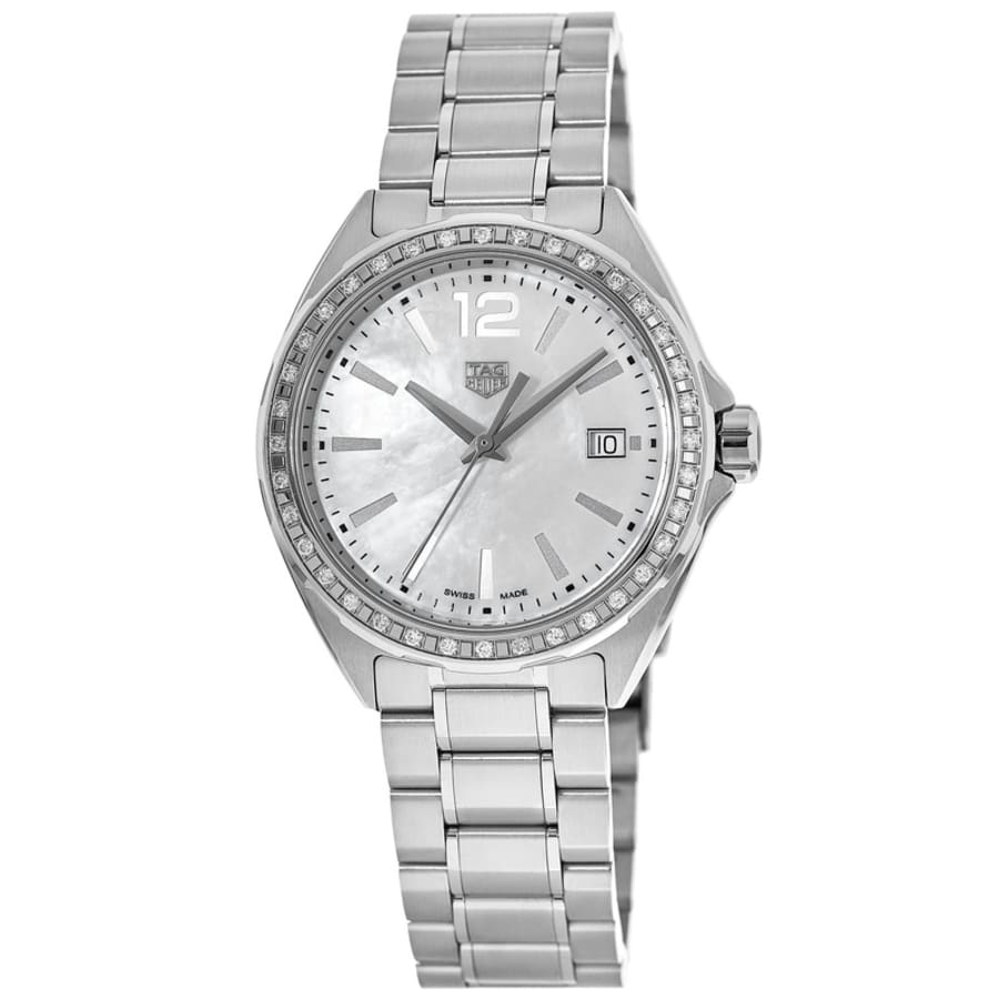 Tag Heuer: Stainless Steel 35mm Formula 1 Quartz Watch 
Clasp: Deployment Buckle
Finish: Brushed & Polished
Dial Color: Mother Of Pearl
Bezel: Diamond  36=0.27Tw Round D/E Diamonds