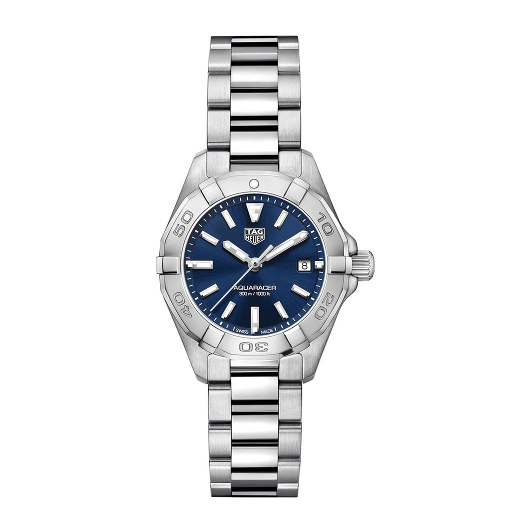 Tag Heuer: Stainless Steel 27mm Aquaracer Quartz Watch
Clasp: Deployment Buckle
Finish: Satin And Polish
Dial Color: Blue