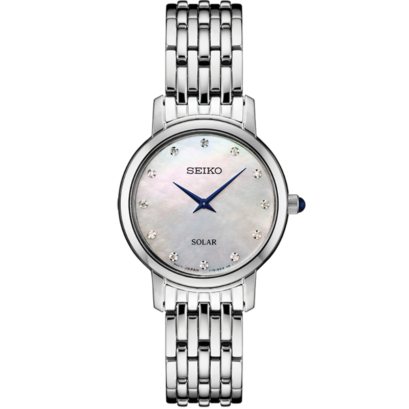 Seiko Stainless Steel Solar White Mother Of Pearl Diamond Marker Dial Watch