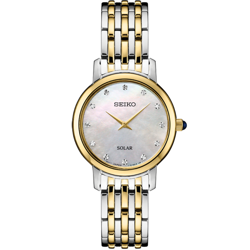 Seiko Two-Tone Stainless Steel Solar White Mother Of Pearl Diamond Marker Dial Watch