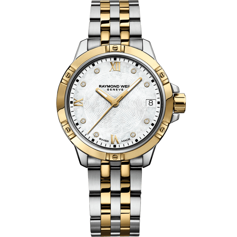 Raymond Weil Tango Classic Ladies Quartz Gold Two-Tone Stainless Steel Diamond Watch, 30mm (5960-STP-00995)
Stainless Steel Bracelet, Mother-of-pearl Dial, Roman Numerals, 8 Diamonds, Yellow Gold PVD