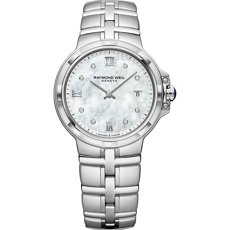 Raymond Weil:Stainless Steel 30mm Parsifal Swiss Quartz Watch 
With Diamond Bezel and Mother Of Pearl Dial ith 8=0.03Tw