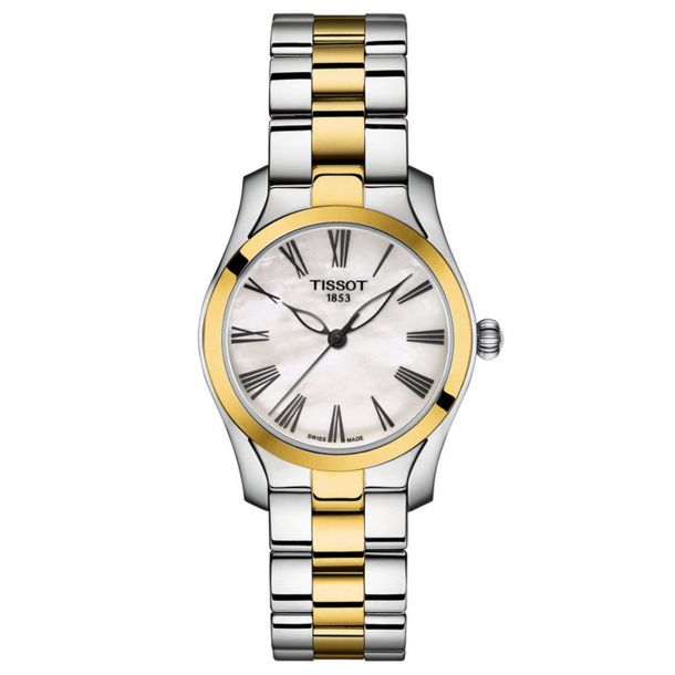Tissot T-Wave Two-Tone Stainless Steel Mother-Of-Pearl Dial Quartz (T112.210.22.113.00)
30mm Two-tone stainless steel case
Mother-of-pearl dial
Black hands and Roman hour markers
Scratch-resistant sapphire crystal
Swiss quartz movement
Water resista