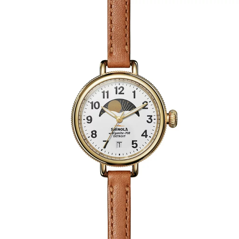 SHINOLA THE BIRDY MOON PHASE 34MM (0120008179)
Quartz, Stainless Steel With Gold PVD, Bourbon Leather Strap