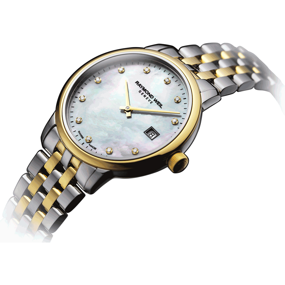 Raymond Weill Toccata  Stainless And Yellow Pvd Diamond Mother Of Peral Dial Quartz Watch 29 Mm