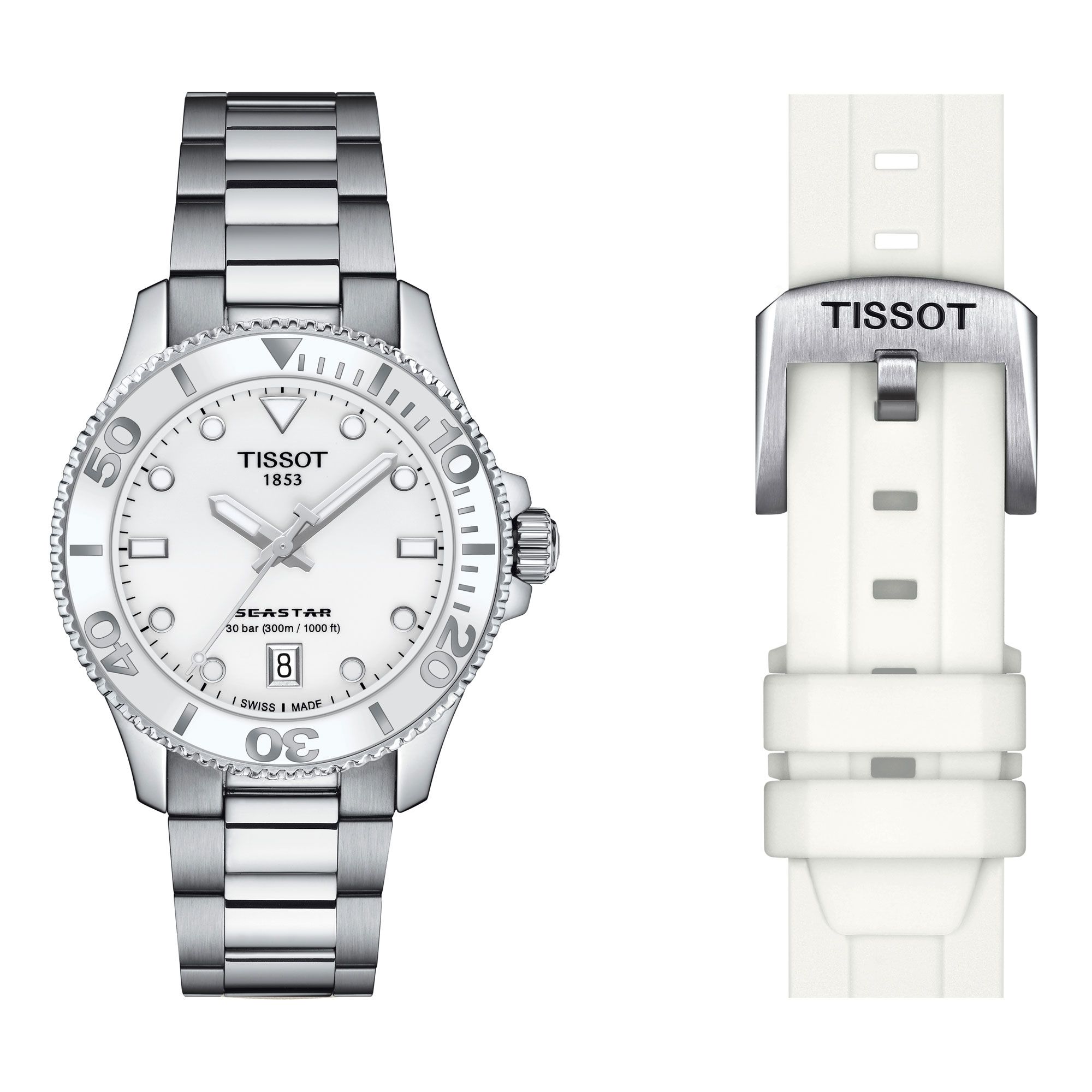 Tissot Seastar 1000  Quartz Dive Watch White Dial 36 Mm 
Stainless Steel/White Rubber Strap