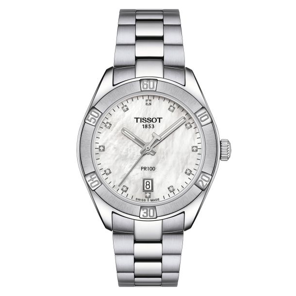 Tissot 36mm T- Classic PR 100 Sport Chic Mother of Pearl Diamond Accented Dial Stainless Steel Bracelet Watch
(T1019101111600)