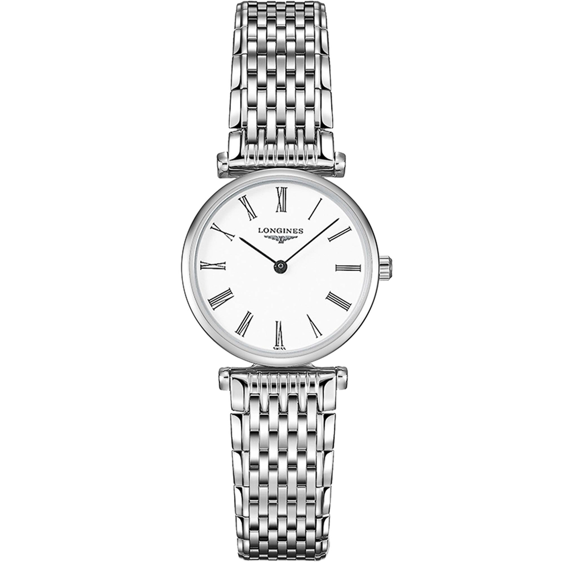Longines: Stainless Steel 24mm La Grande Classique De Longines Quartz Watch
Scratch-Resistant Sapphire Crystal
White Dial With Black Hands And Painted Roman Numerals
Stainless Steel Bracelet With Triple Safety Folding Clasp And Push-Piece Opening Mecha