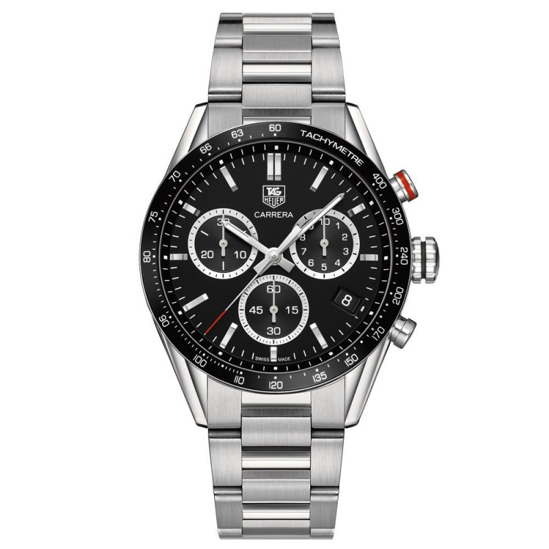 Tag Heuer: Stainless Steel 43mm Carrera Quartz Chronograph Watch
Finish: Satin
Dial Color: Black Dial
Bezel: Black Dial