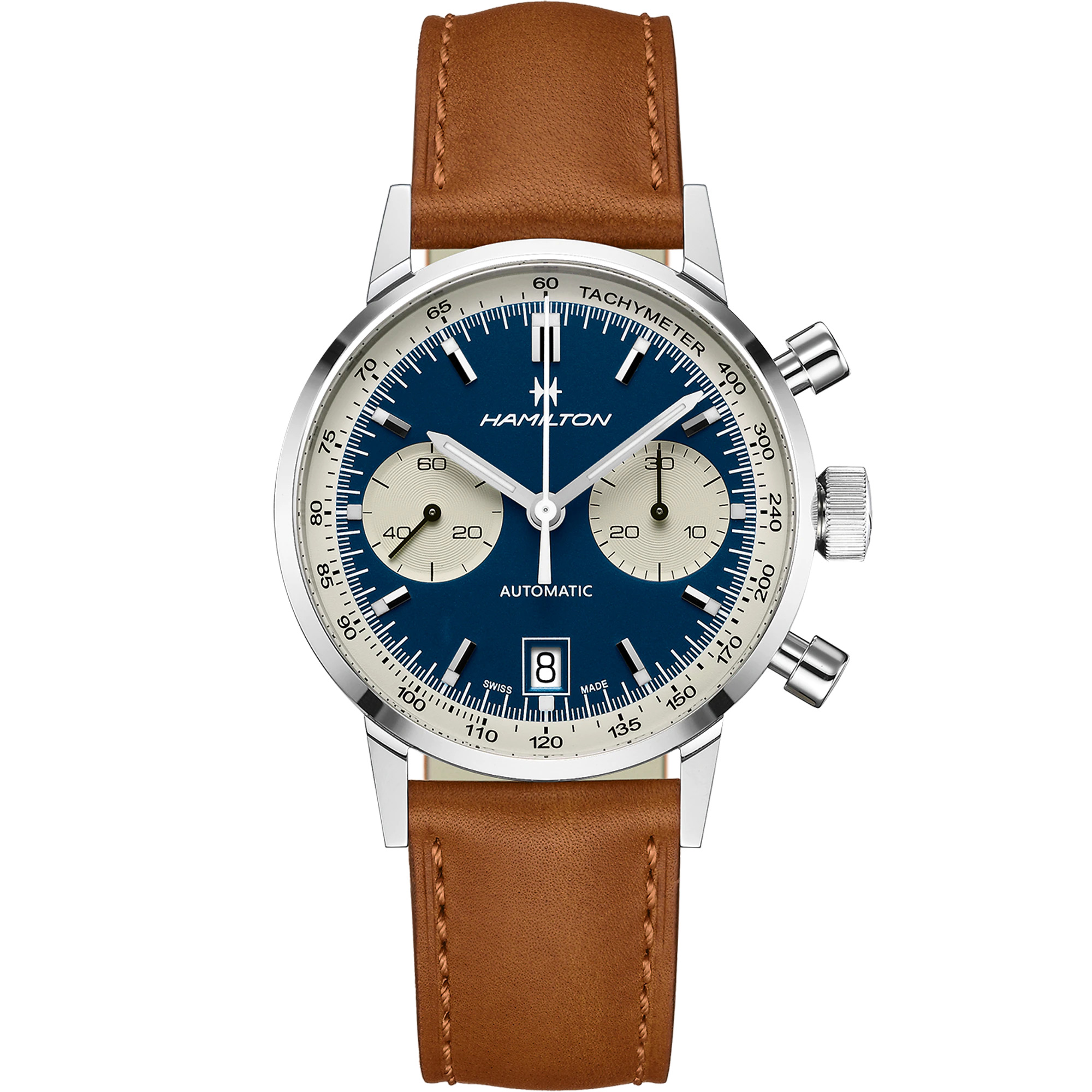 Hamilton: Stainless Steel Automatic Chronograph Intramatic 40mm Watch With Tan Starp
Dial Color: Blue