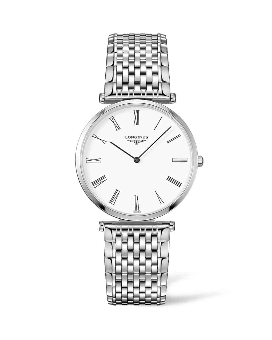 Longines: Stainless Steel 36mm La Grande Classique  Quartz Watch
Scratch-Resistant Sapphire Crystal
White Dial With Black Hands And Painted Roman Numerals
Stainless Steel Bracelet With Triple Safety Folding Clasp And Push-Piece Opening Mechanism
Calib